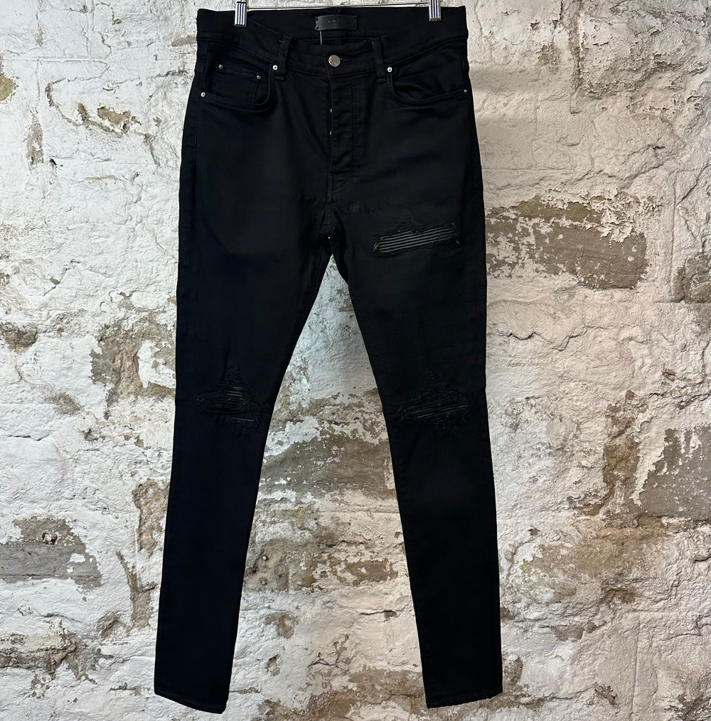 Amiri MX1 Black Leather Black Denim Jeans Sz 32
