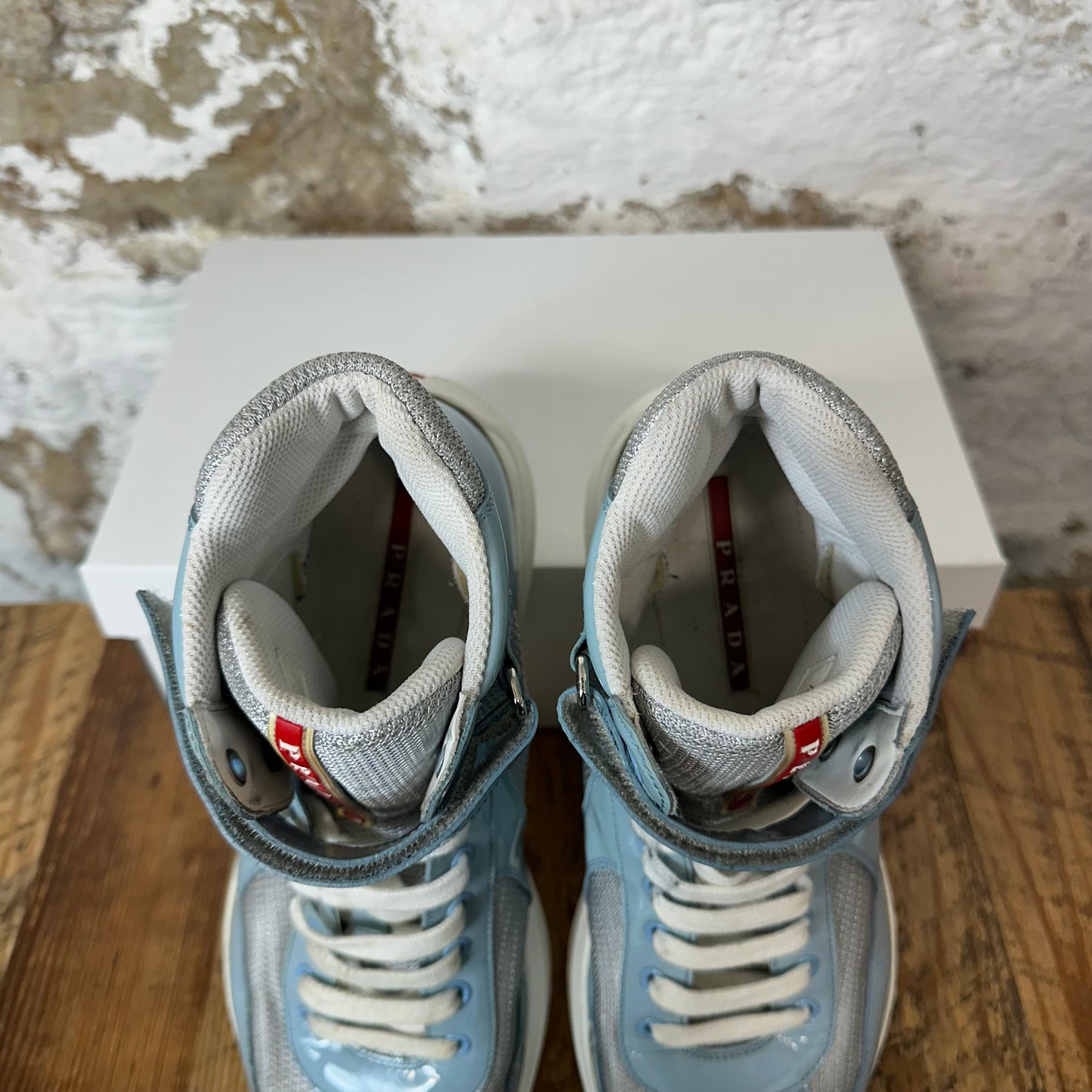 Prada Americas Cup High Baby Blue Patent White Sneaker Sz 9.5 No Box