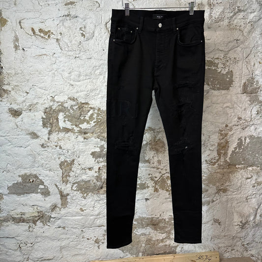 Amiri Black Suede Spell Black Denim Jeans Sz 34