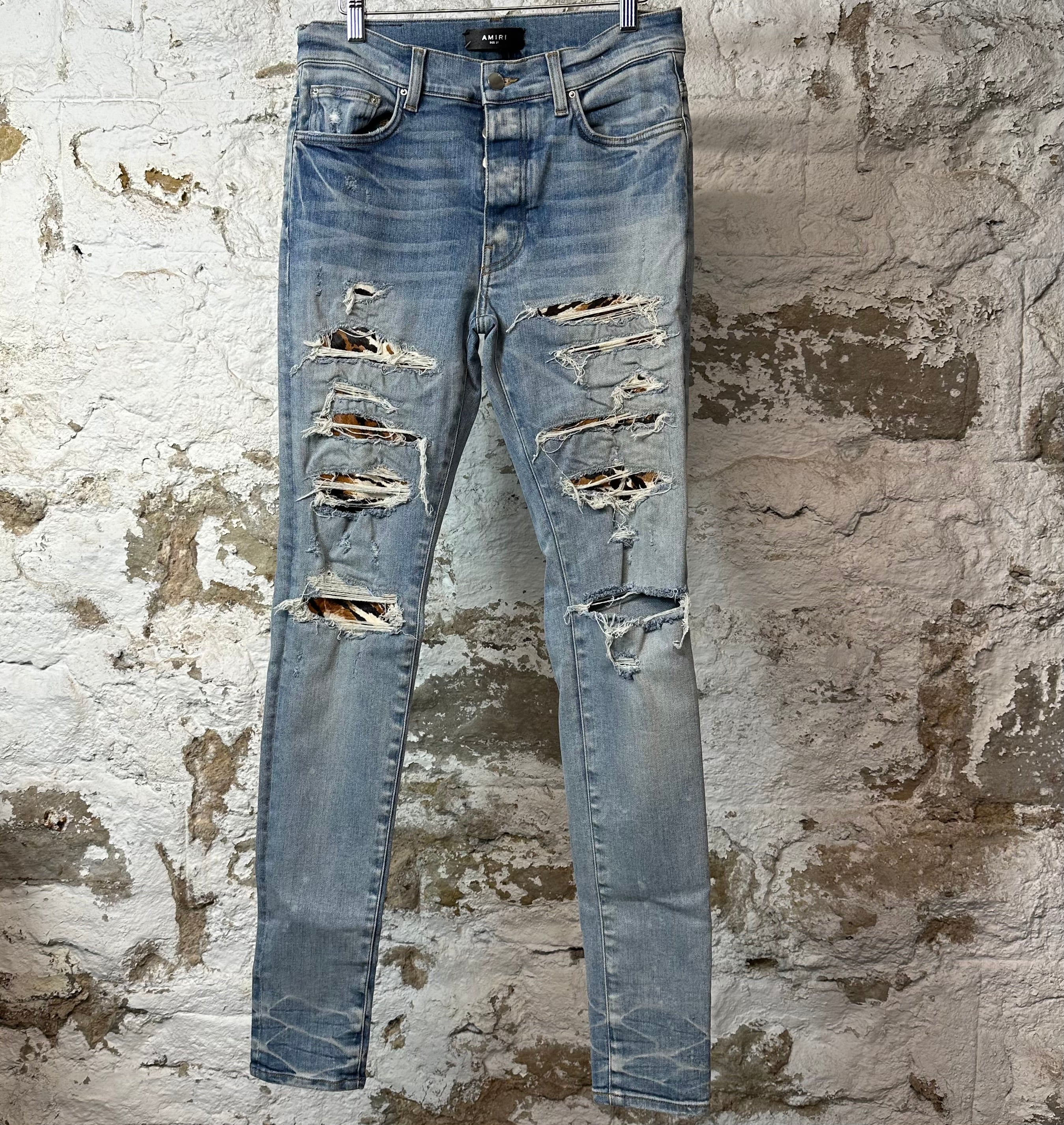 Amiri Tiger Print Patches Blue Denim Jeans Sz 31