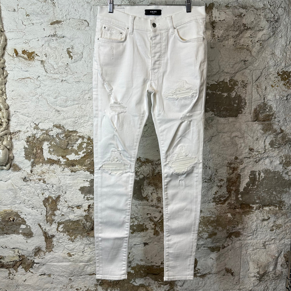Amiri MX1 White Leather White Denim Jeans Sz 32