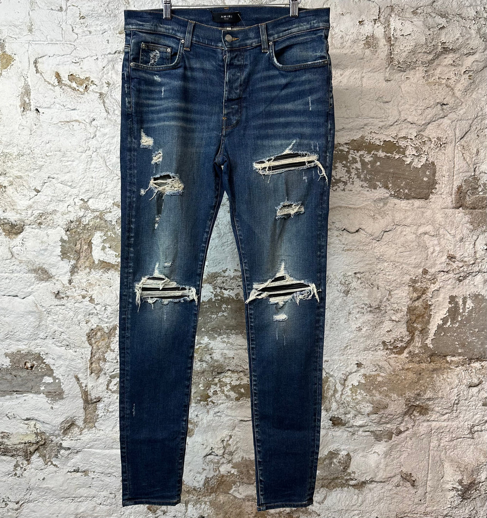 Amiri MX1 Black Leather Dark Blue Denim Jeans Sz 36