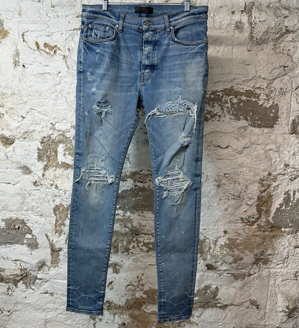 Amiri MX1 Light Blue Paisley Blue Denim Jeans Sz 34