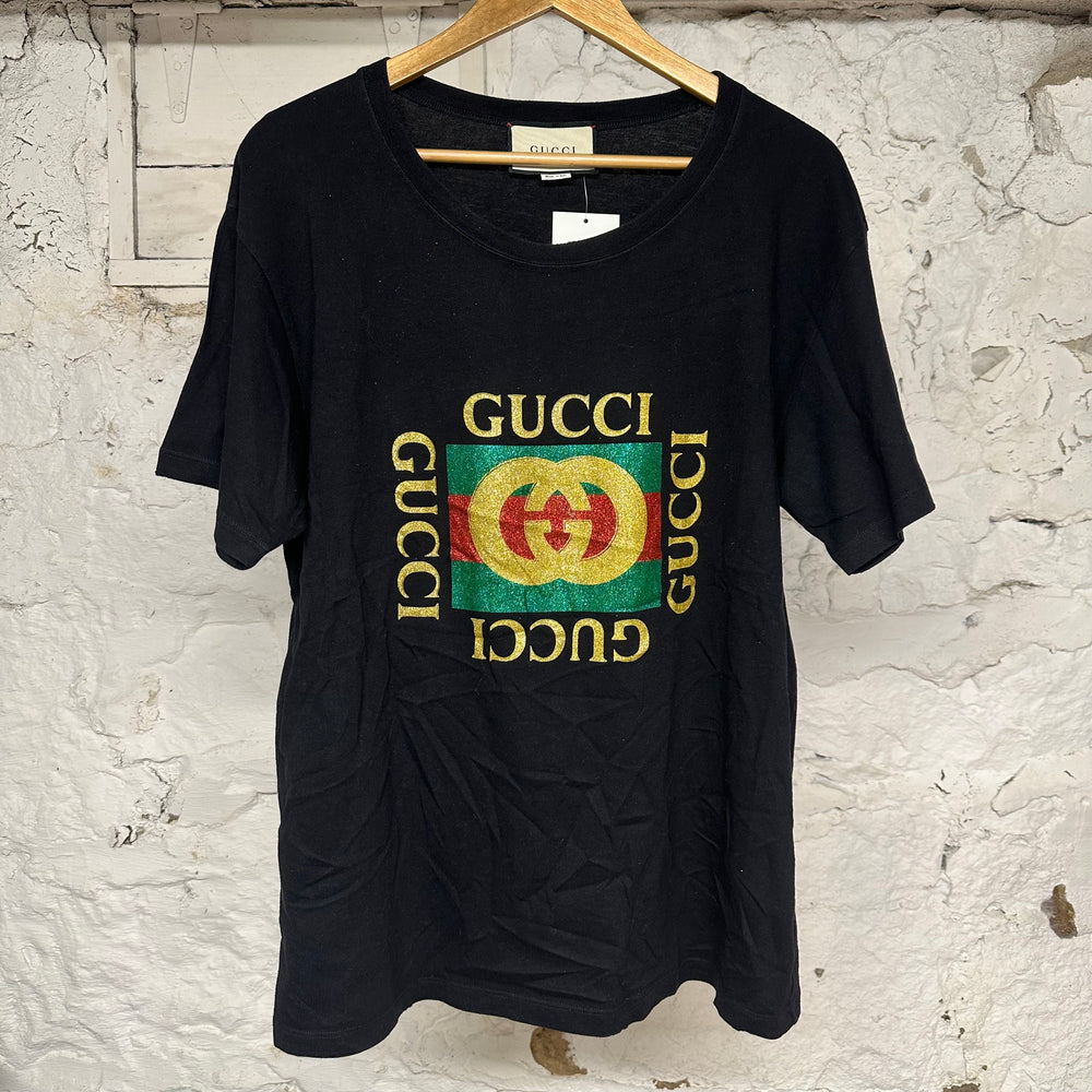 Gucci Gold Glitter GG T-shirt Black Sz L