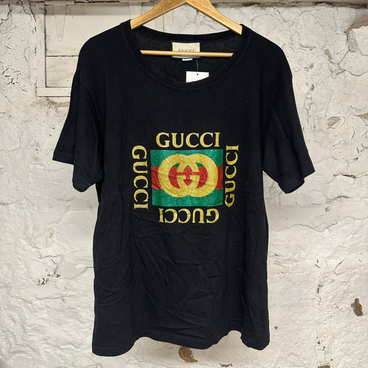 Gucci Gold Glitter GG T-shirt Black Sz L