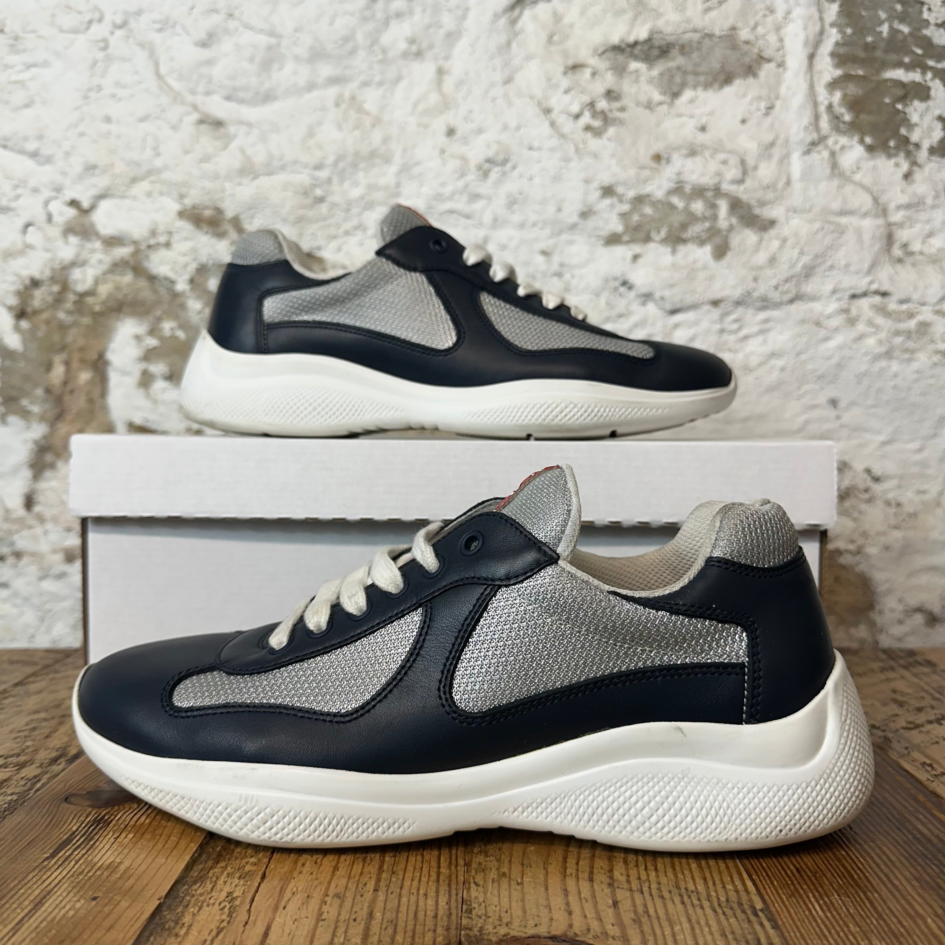 Prada Americas Cup Navy Leather Grey White Sneaker Sz 6.5 No Box