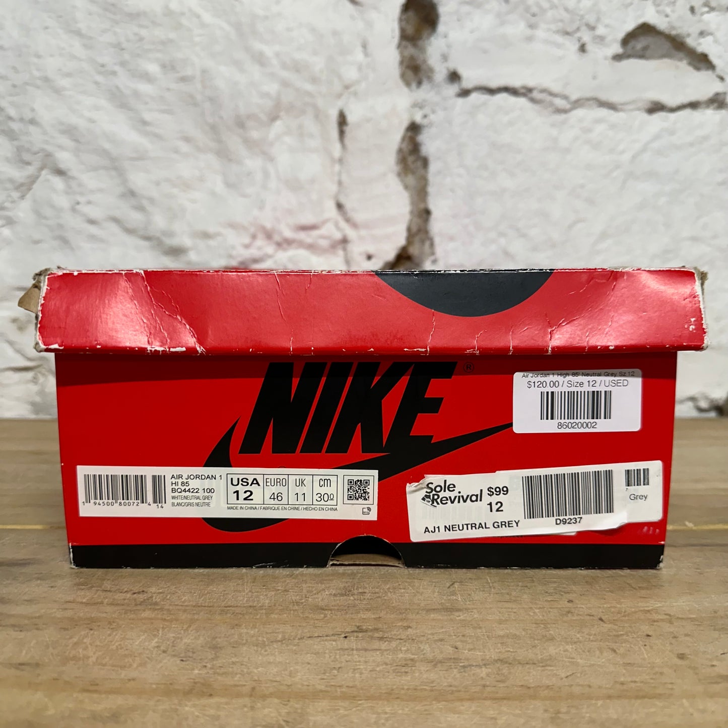 Air Jordan 1 High 85' Neutral Grey Sz 12