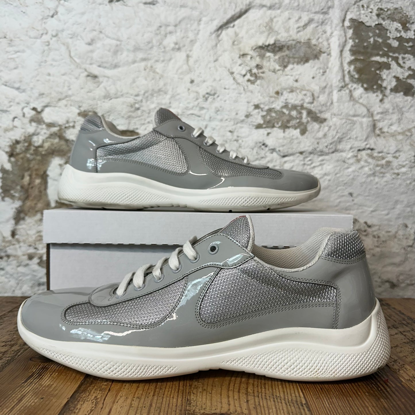 Prada Americas Cup Grey Patent White Sneaker Sz 13
