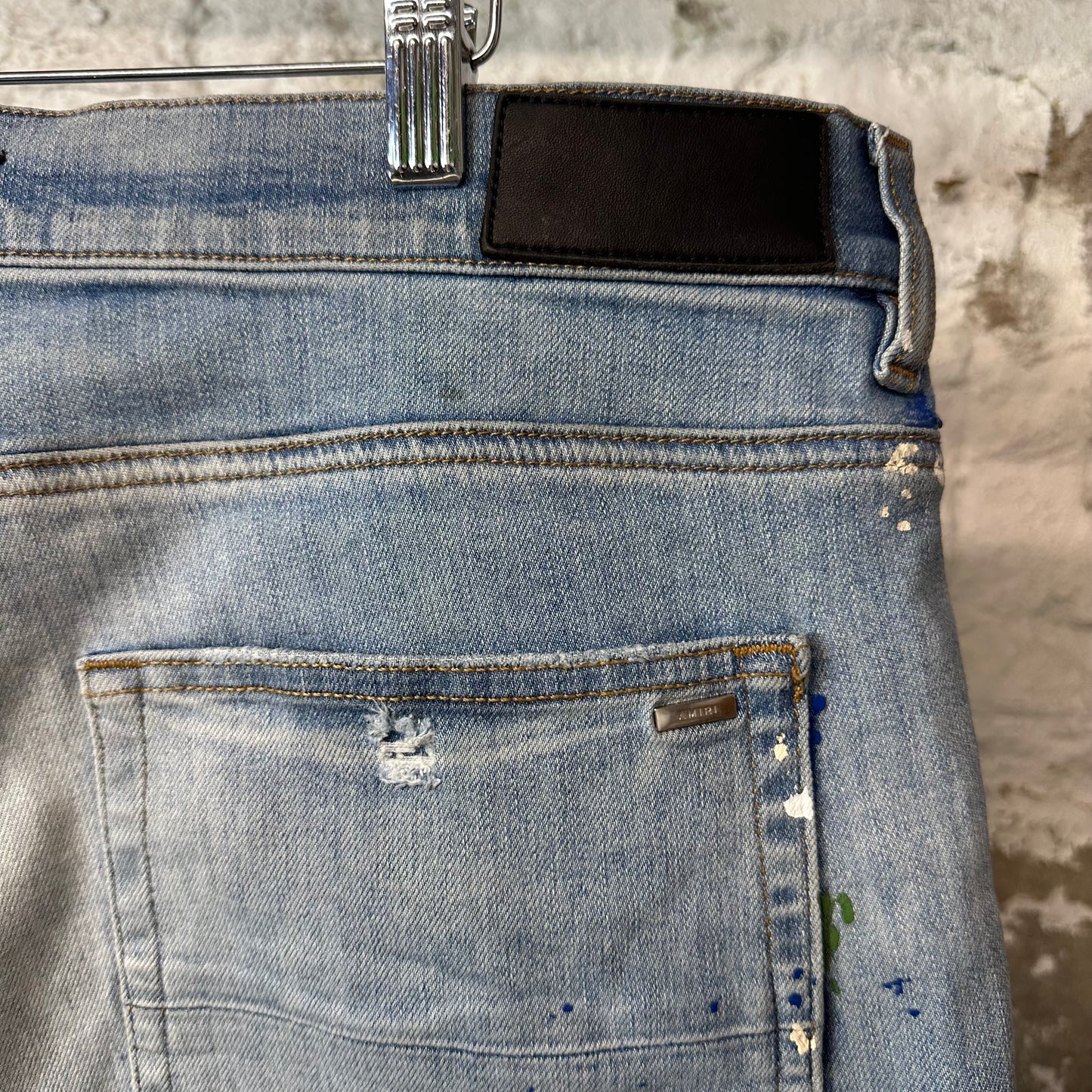 Amiri MX1 Denim Paint Splatter Blue Denim Jeans Sz 38