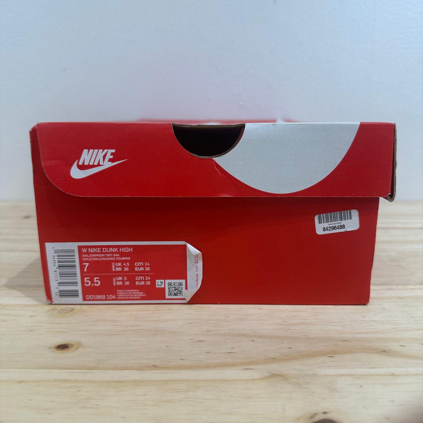 Nike Dunk High Sail Crimson Tint Sz 5.5Y (7W)