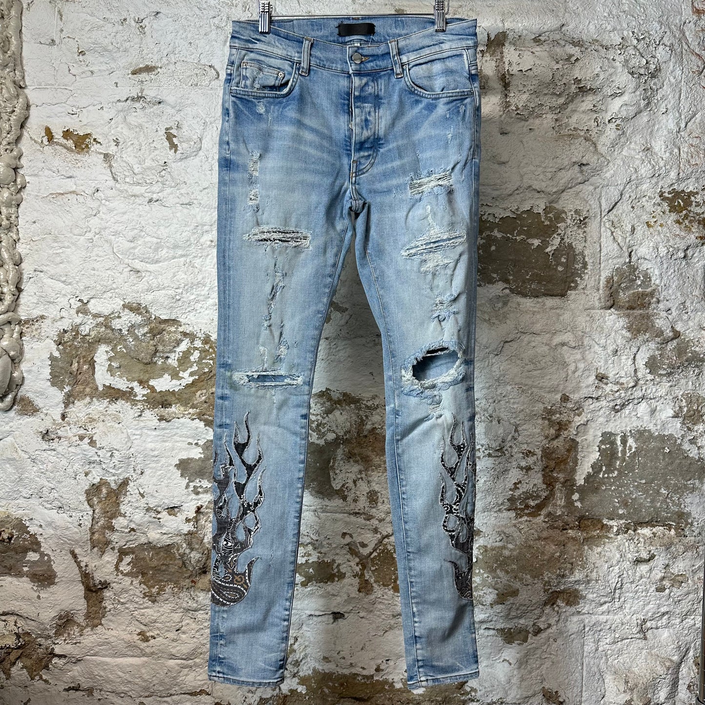 Amiri Black Brown Paisley Flame Blue Denim Jeans Sz 30