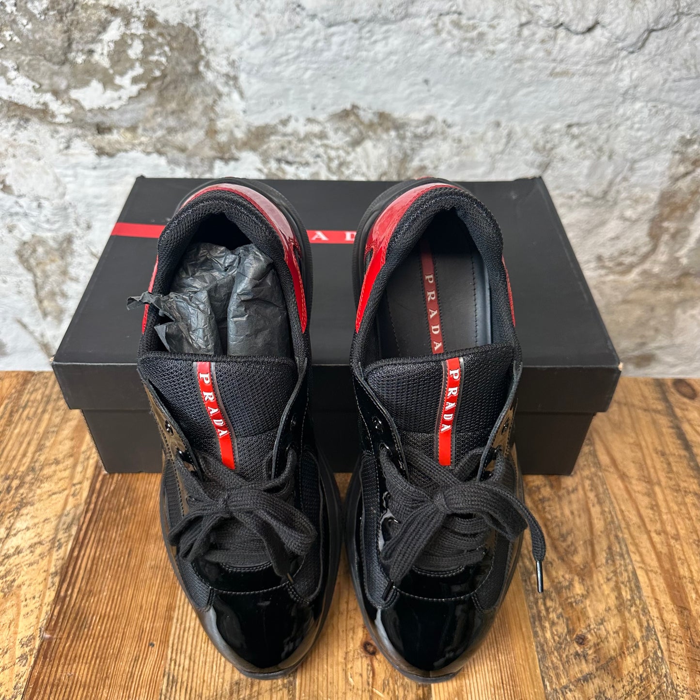 Prada Americas Cup Black Red Patent Black Sneaker Sz 10