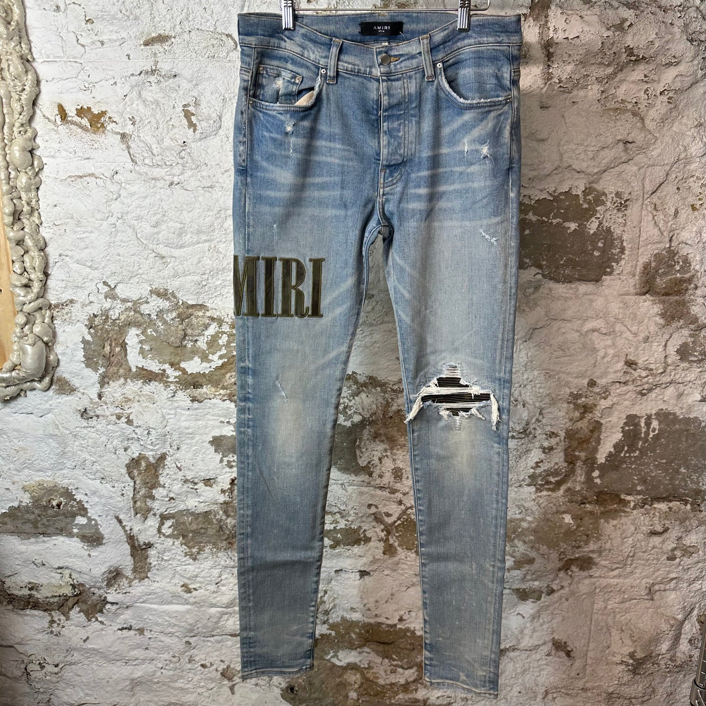 Amiri MX1 Camo Spell Blue Denim Jeans Sz 32