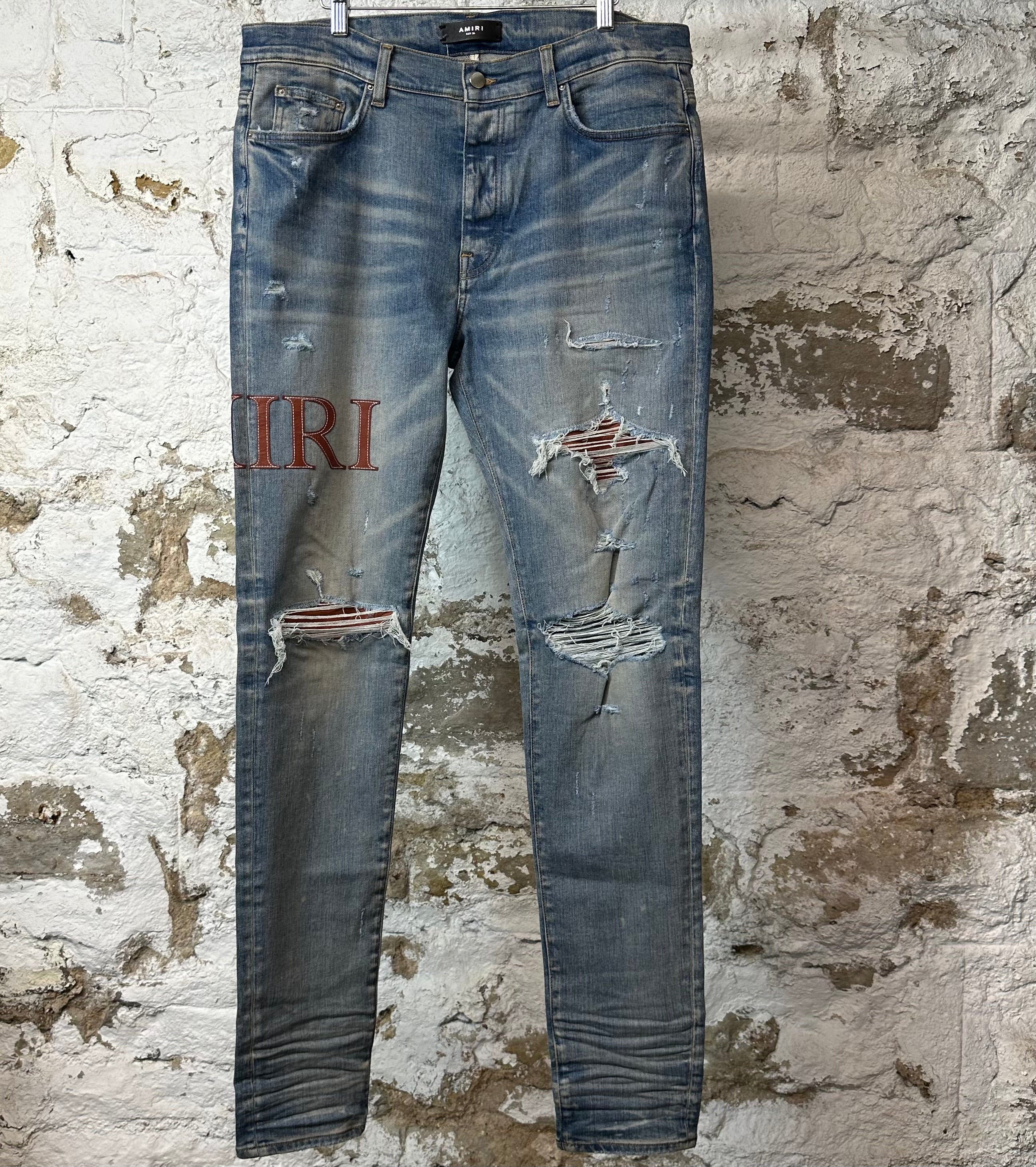 Amiri Brown Leather Spell Blue Denim Jeans Sz 36
