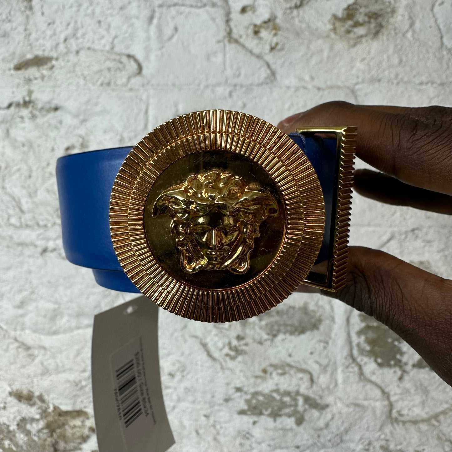 Versace Gold Medusa Logo Blue Belt Sz (85/34)