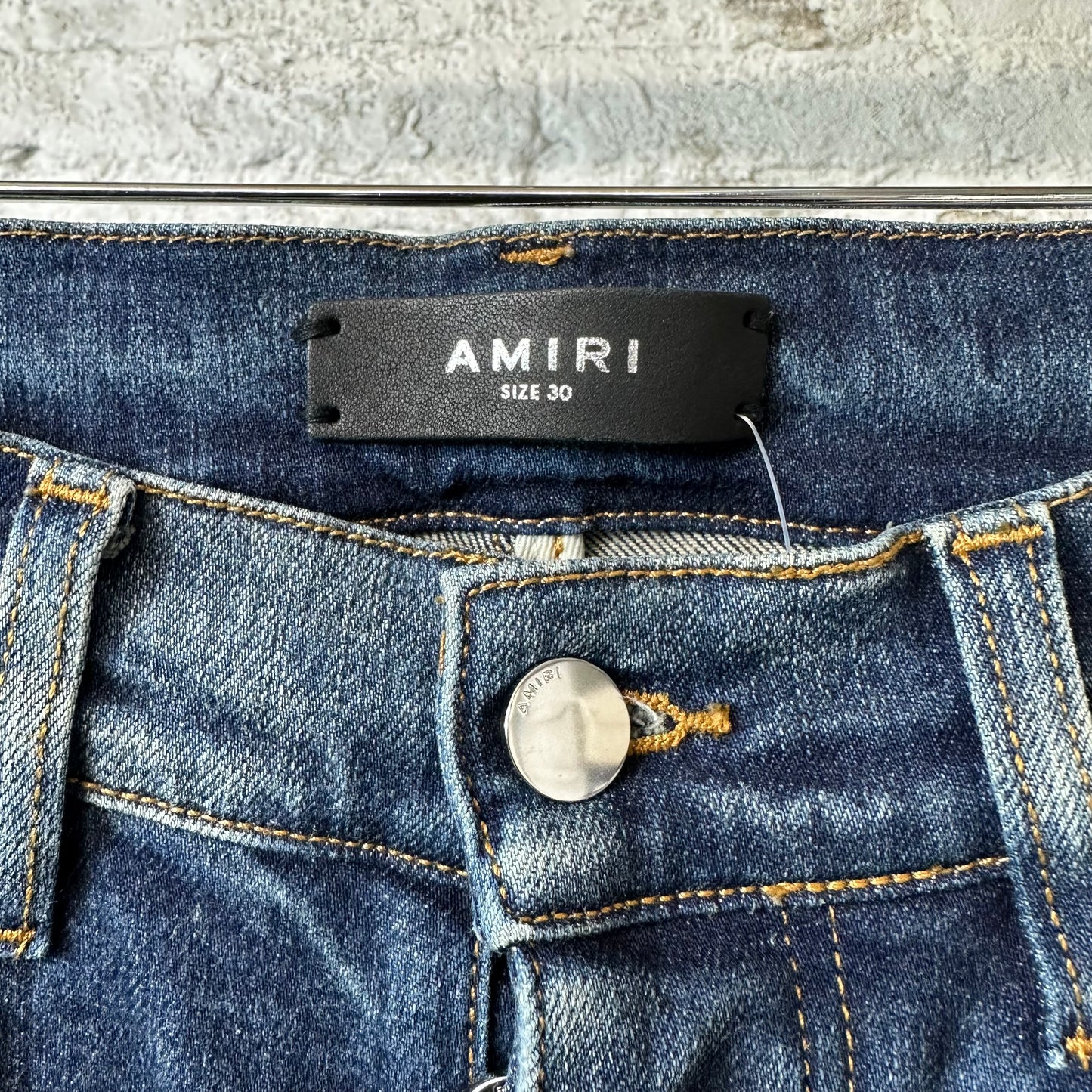 Amiri MX1 Black Leather Dark Blue Denim Jeans Sz 30