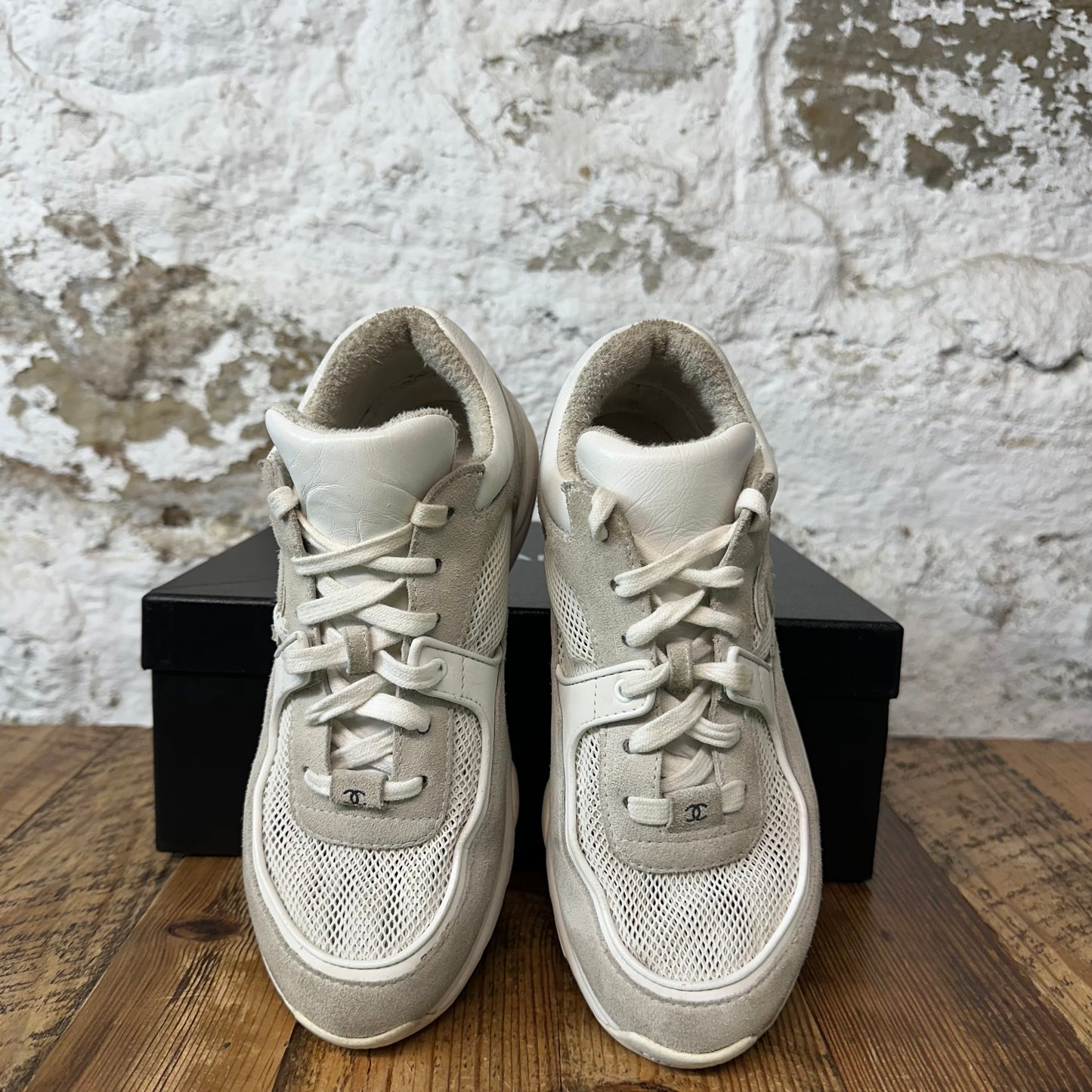 Chanel Gray CC Suede Cream White Sneaker Sz 5.5 (37.5)