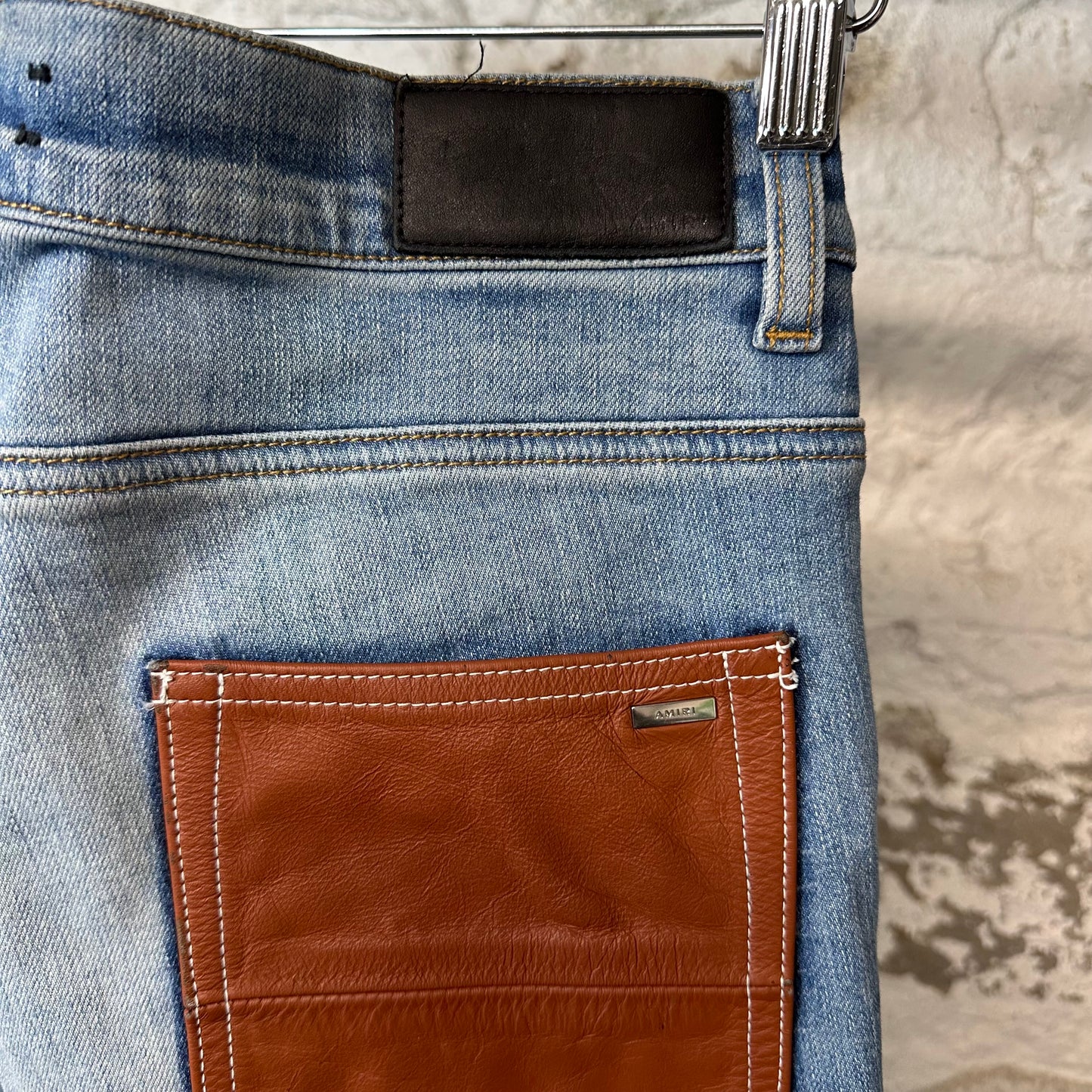 Amiri Brown Leather Spell Blue Denim Jeans Sz 31