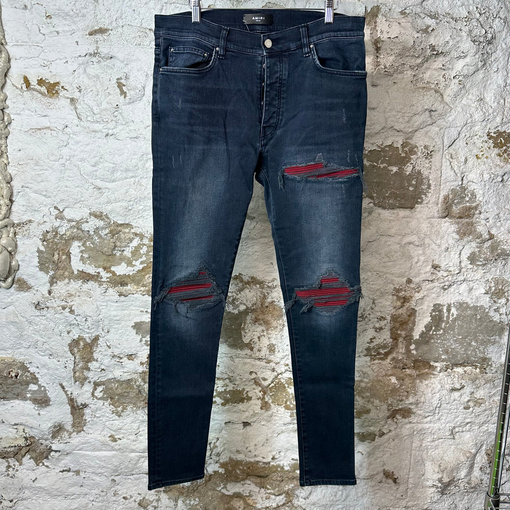 Amiri MX1 Red Suede Faded Black Denim Jeans Sz 34