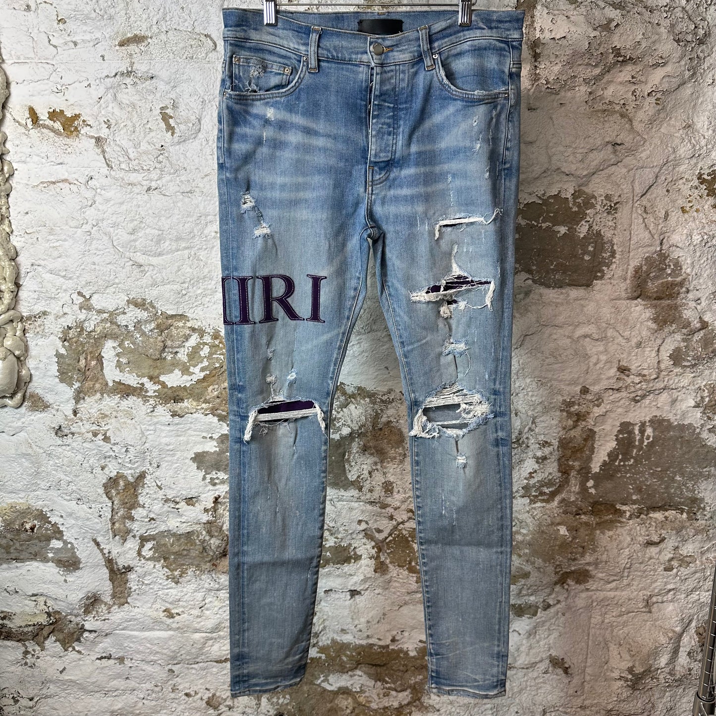 Amiri Purple Suede Core Logo Blue Denim Jeans Sz 34