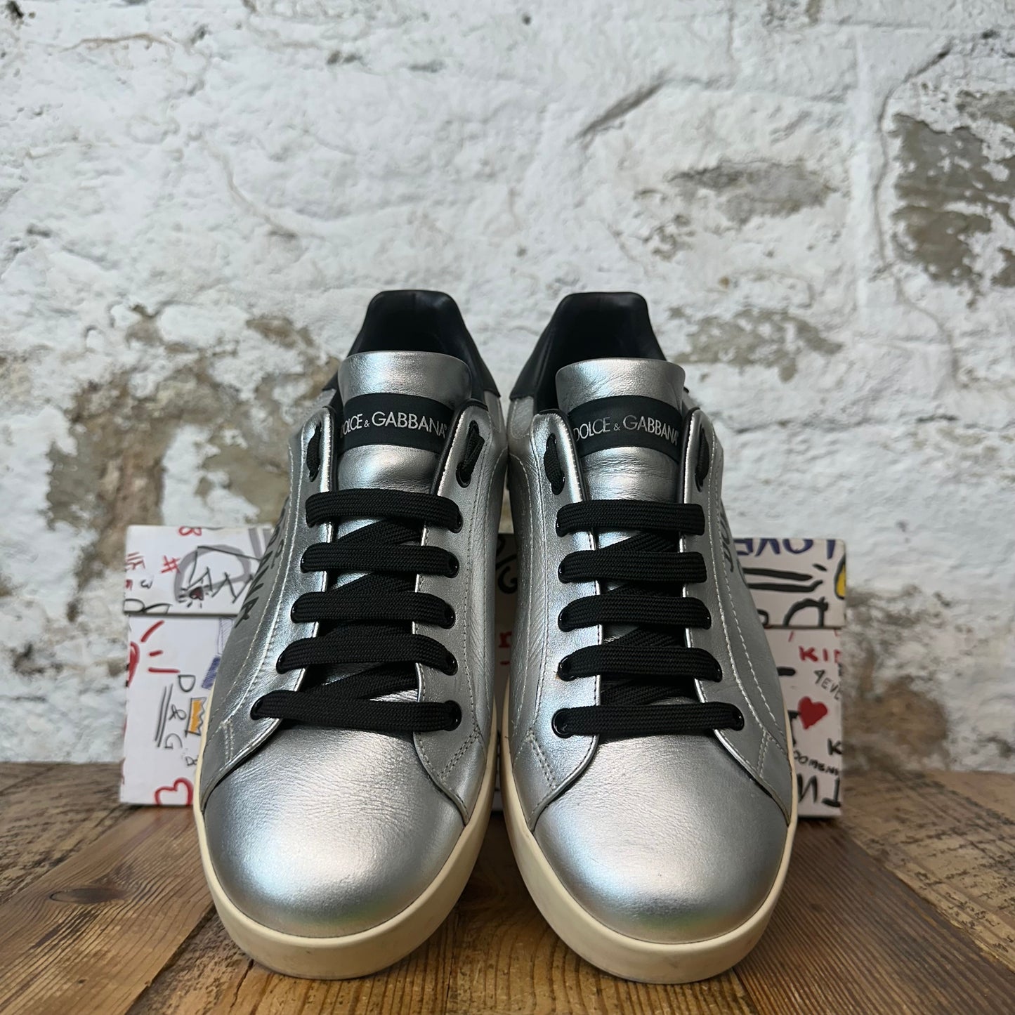 Dolce Gabanna Silver Black Cream Portofino Sneaker Sz 8.5