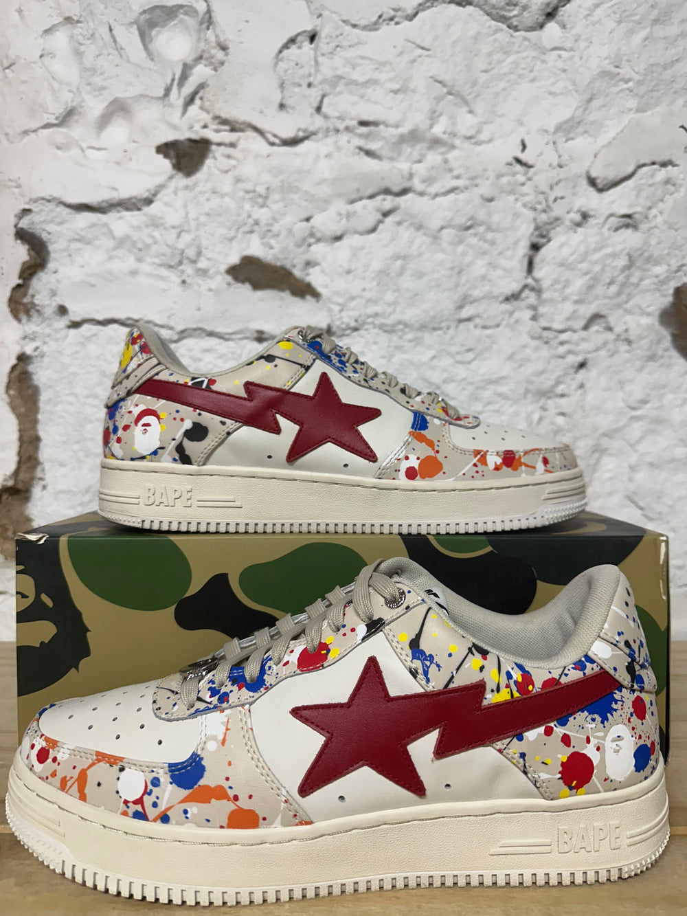 Bape Bapesta Paint Splatter Beige Sz 10