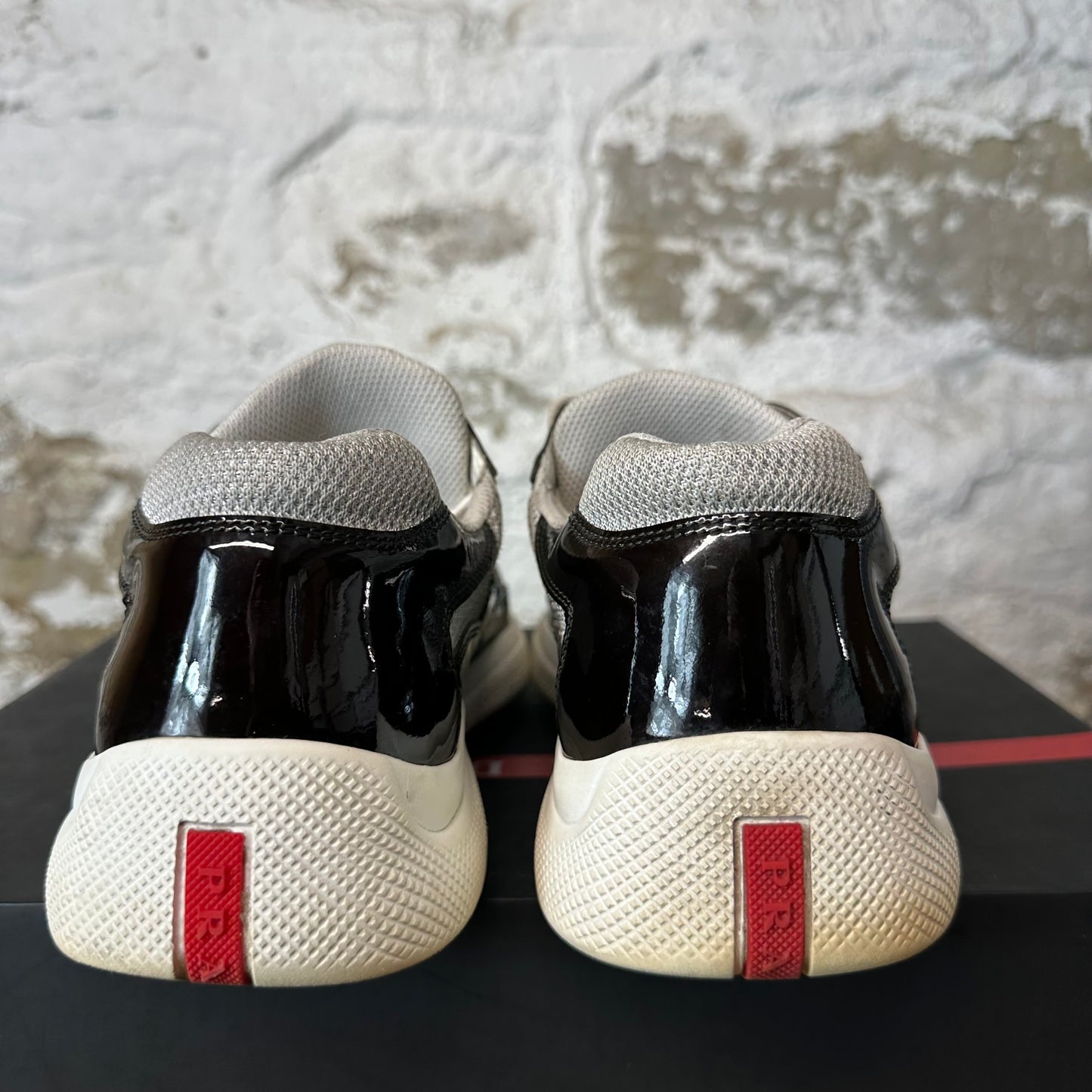 Prada Americas Cup Black Patent Grey White Sneaker Sz 8