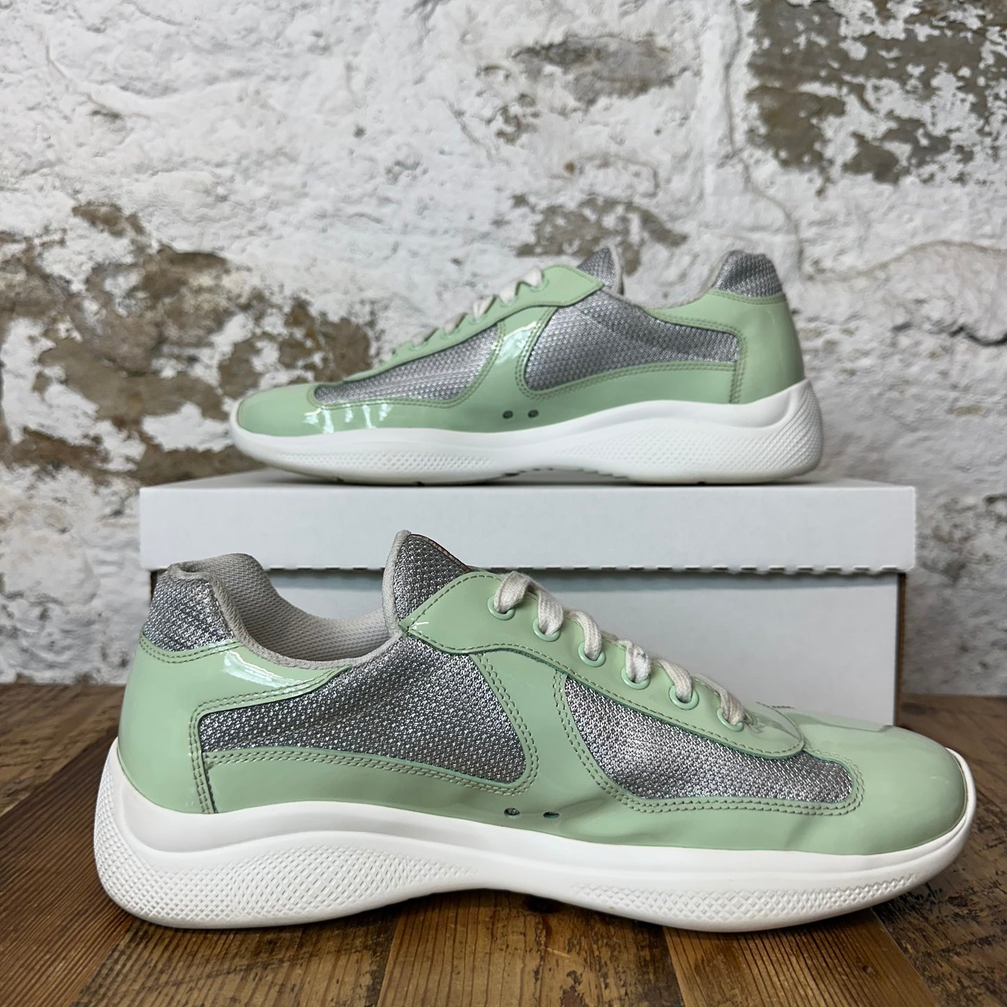 Prada Americas Cup Mint Patent White Sneaker Sz 8.5 No Box