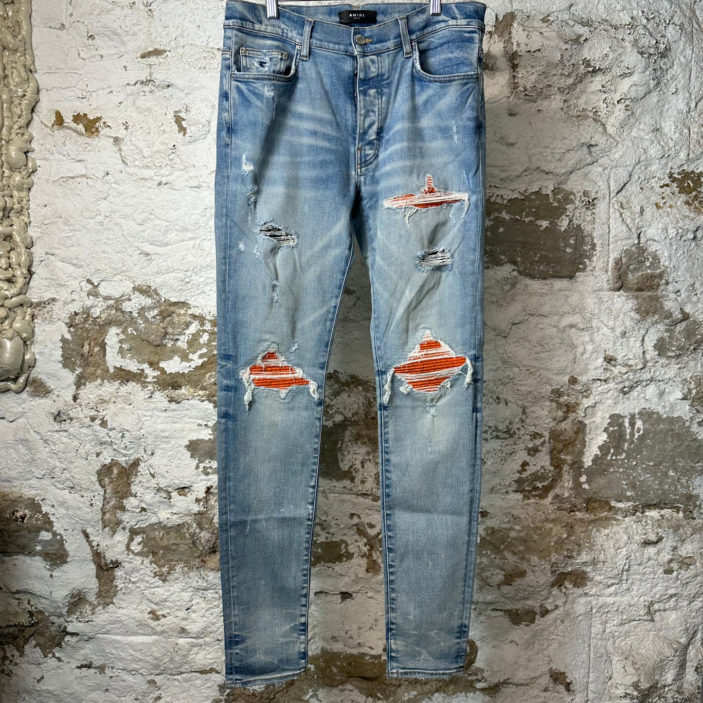 Amiri MX1 Cracked Orange Blue Denim Jeans Sz 34