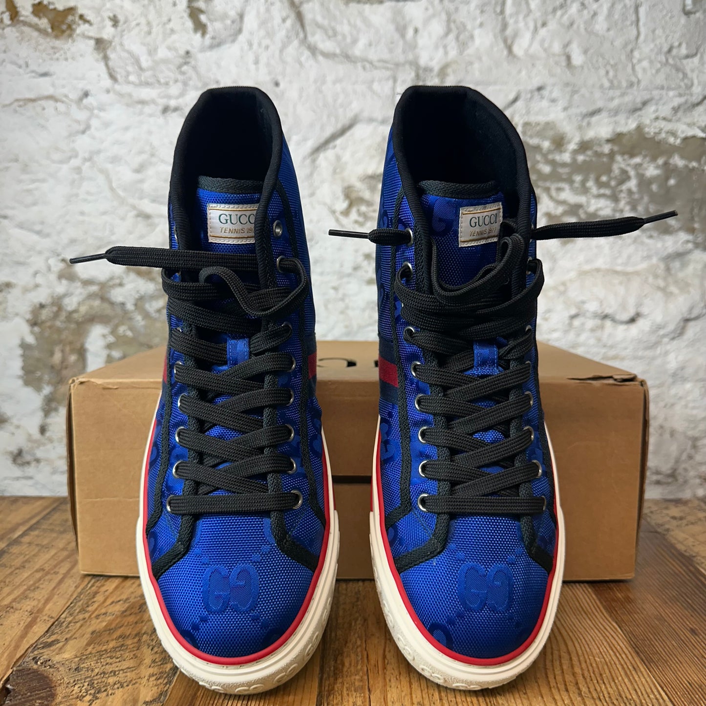 Gucci High Tennis 1977 Blue GG Monogram Nylon Sneaker Sz 9.5