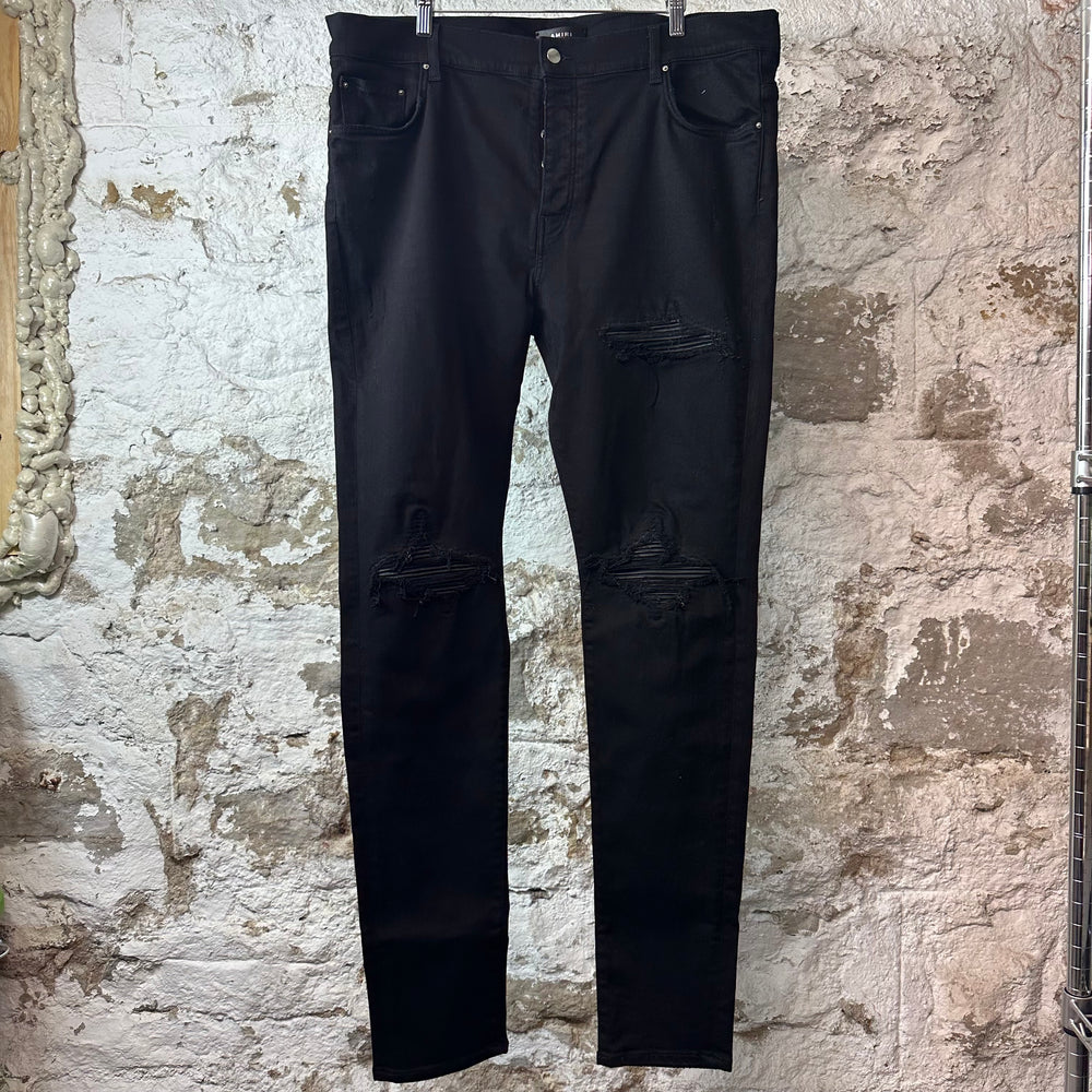 Amiri MX1 Black Leather Black Denim Jeans Sz 40