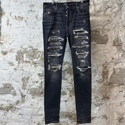 Amiri MX1 Black Paisley Thrasher Grey Denim Jeans Sz 34