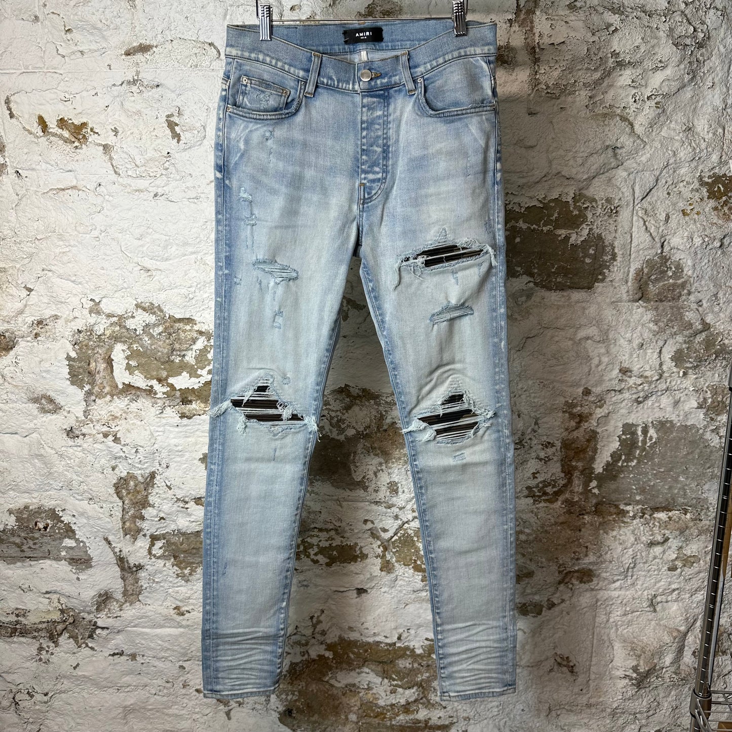 Amiri MX1 Camo Patch Light Blue Denim Jeans Sz 32