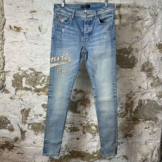 Amiri Varsity 22 Patch Blue Denim Jeans Sz 31
