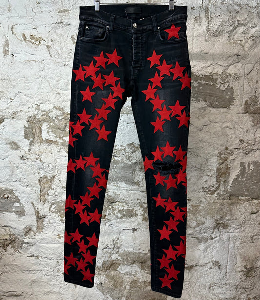 Amiri Red Suede Star Black Denim Jeans Sz 32
