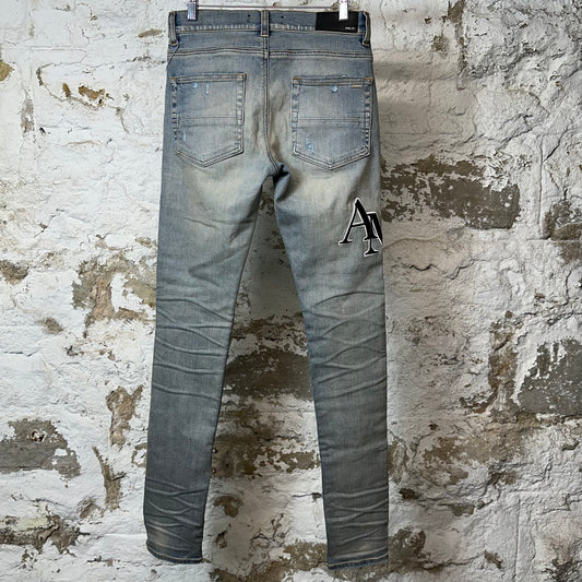 Amiri Embroidered Stagger Spell Blue Denim Jeans Sz 28