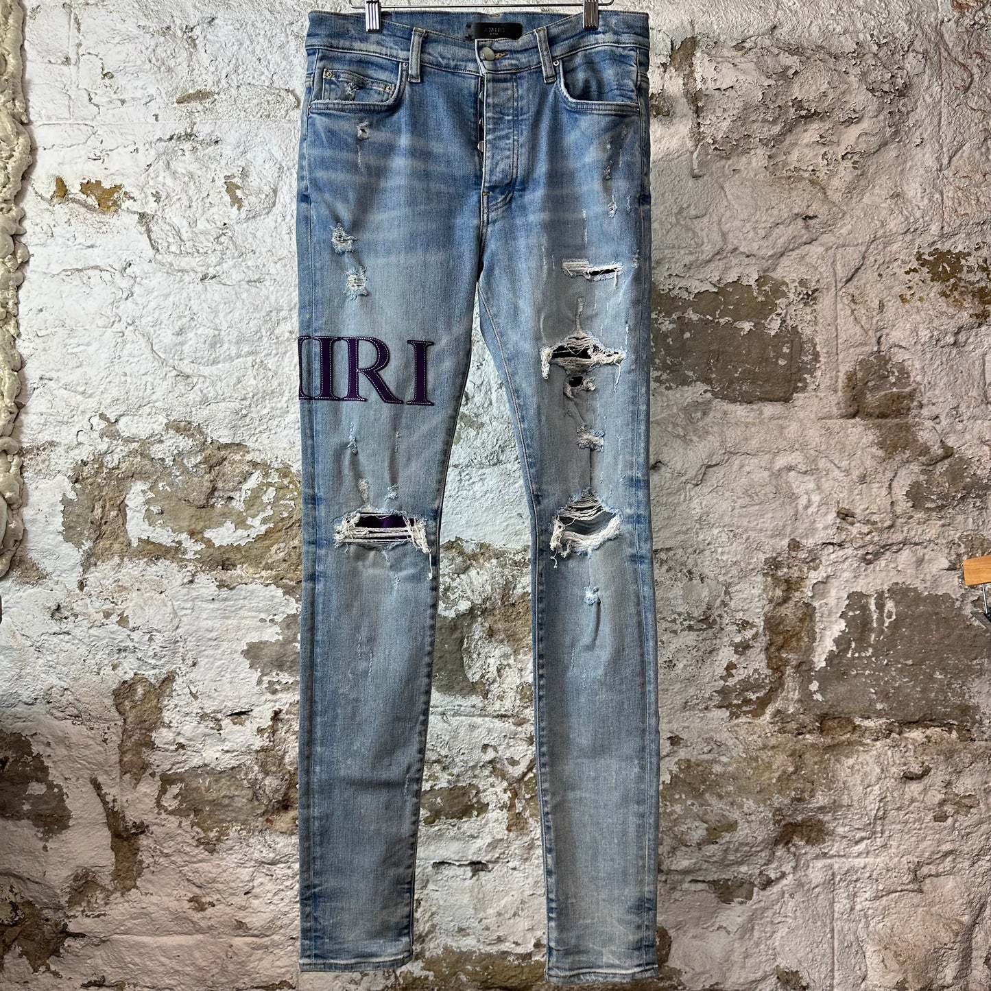 Amiri Purple Suede Core Logo Blue Denim Jeans Sz 32