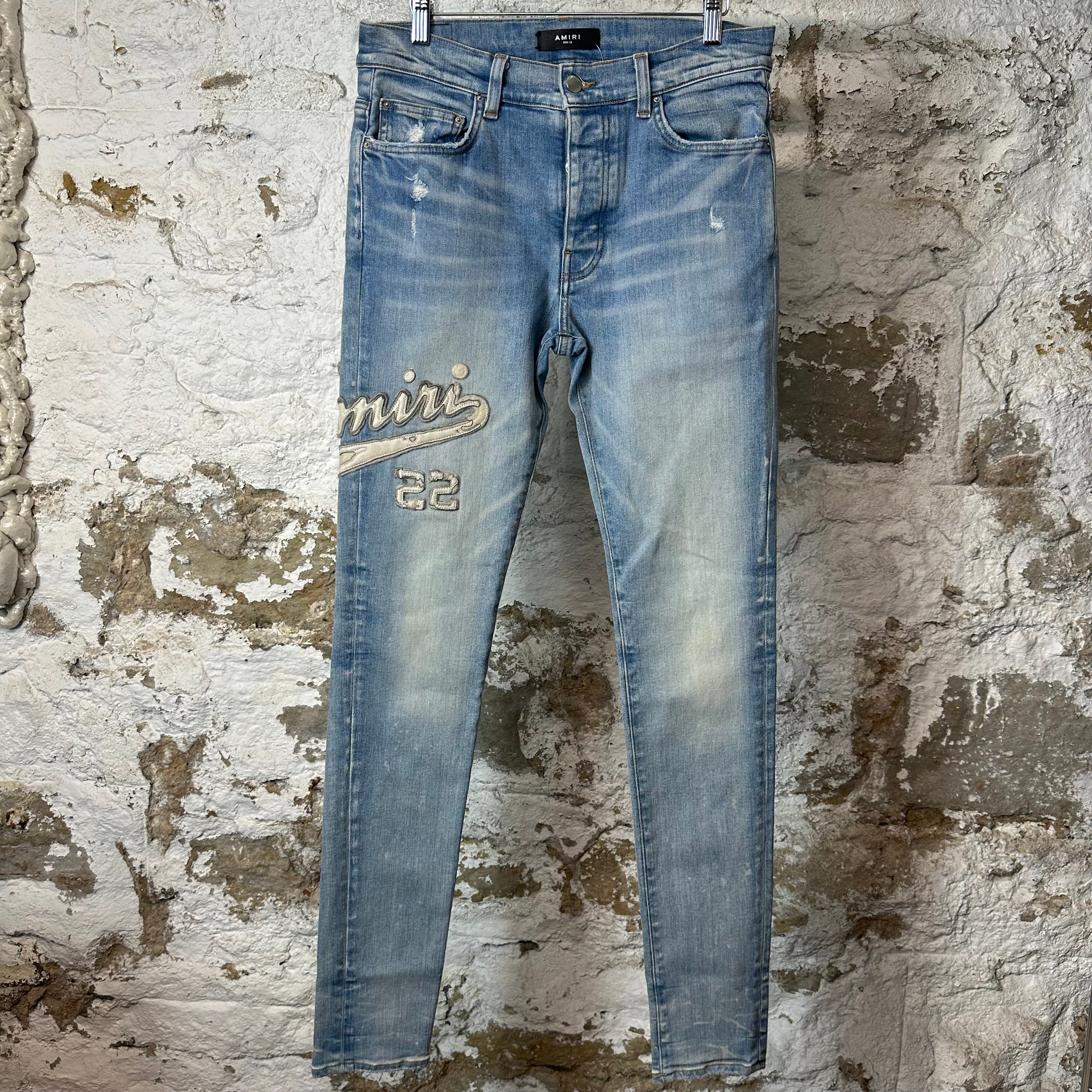 Amiri White Varsity 22 Patch Blue Denim Jeans Sz 31