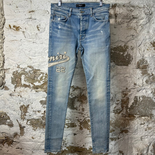 Amiri White Varsity 22 Patch Blue Denim Jeans Sz 31