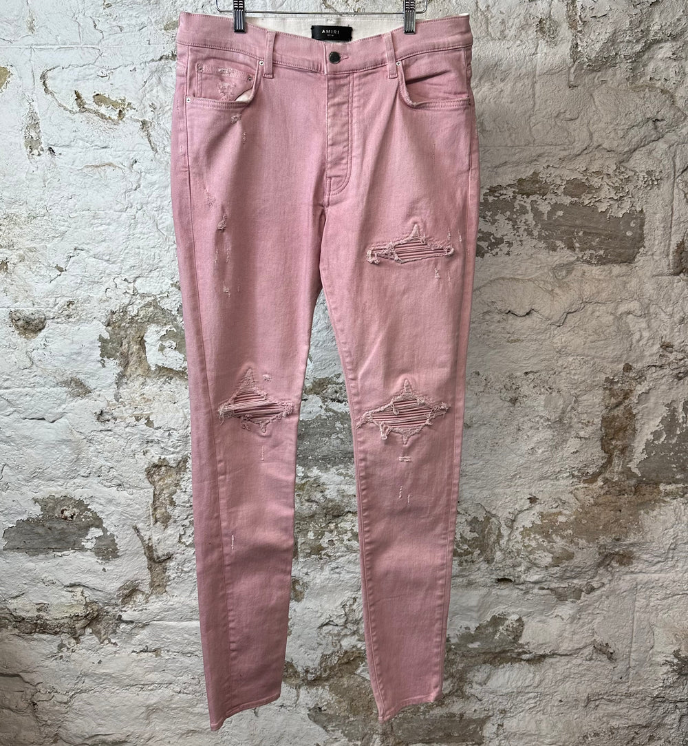 Amiri MX1 Pink Leather Pink Denim Jeans Sz 34