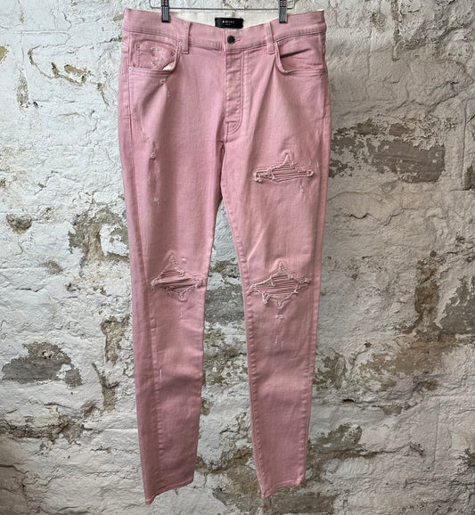 Amiri MX1 Pink Leather Pink Denim Jeans Sz 34