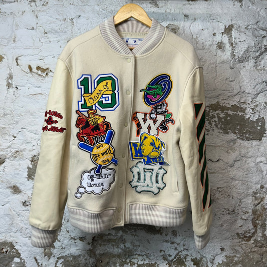 Off White Patch Embelished Varsity Jacket Cream Sz M (48)
