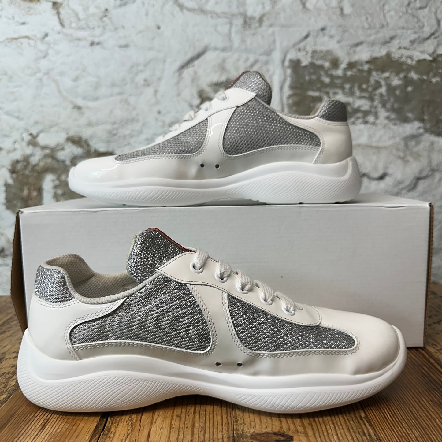 Prada Americas Cup White Patent Grey White Sneaker Sz 6 (38.5)