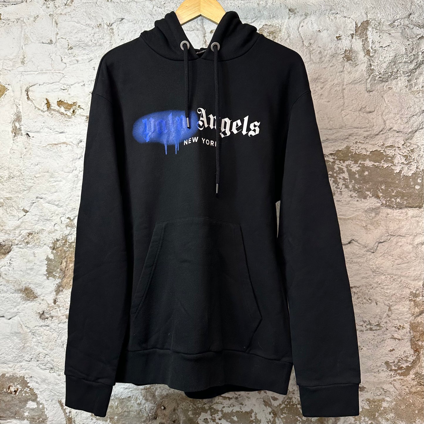 Palm Angels Blue Spray NY Hoodie Black Sz L
