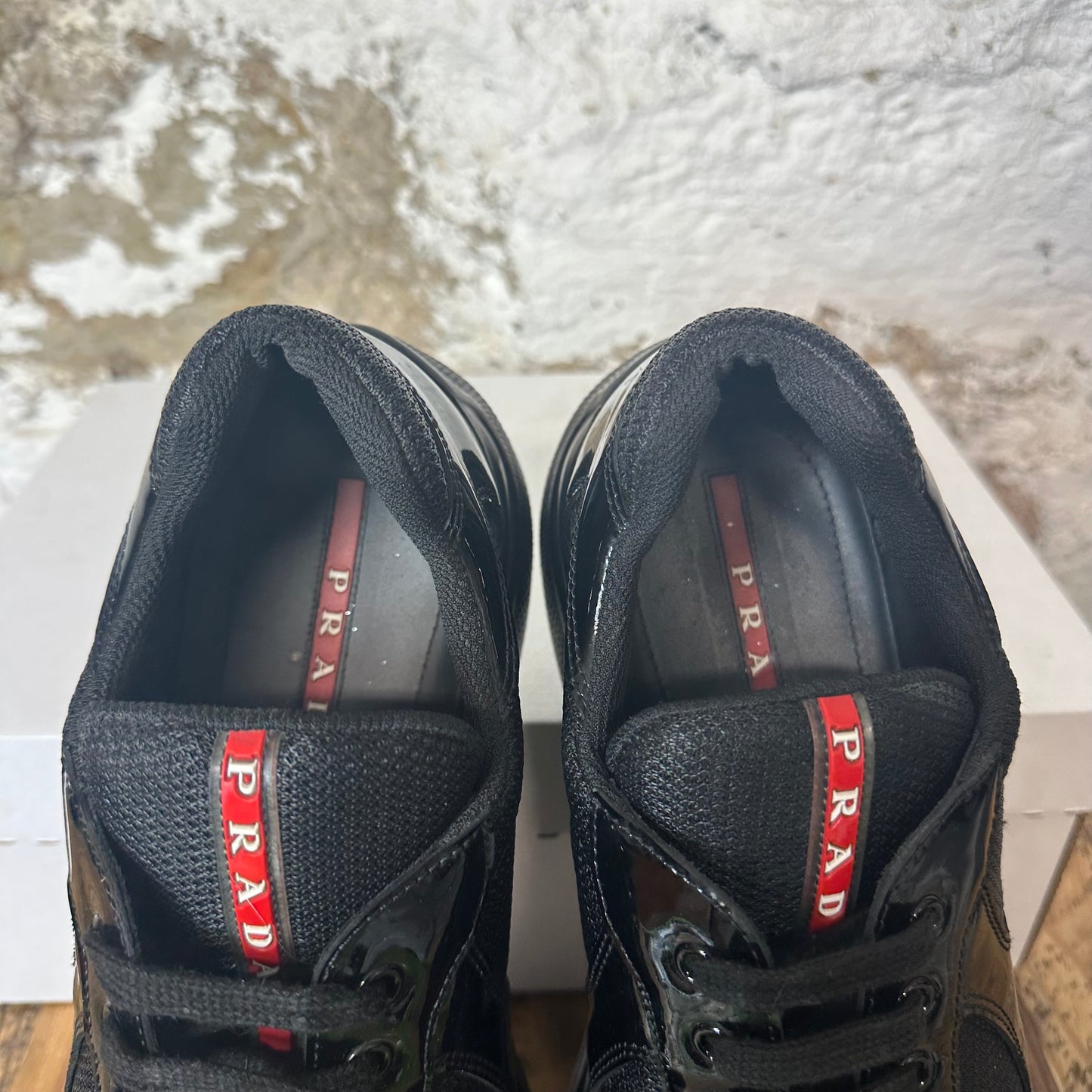 Prada Americas Cup Triple Black Patent Sneaker Sz 8.5