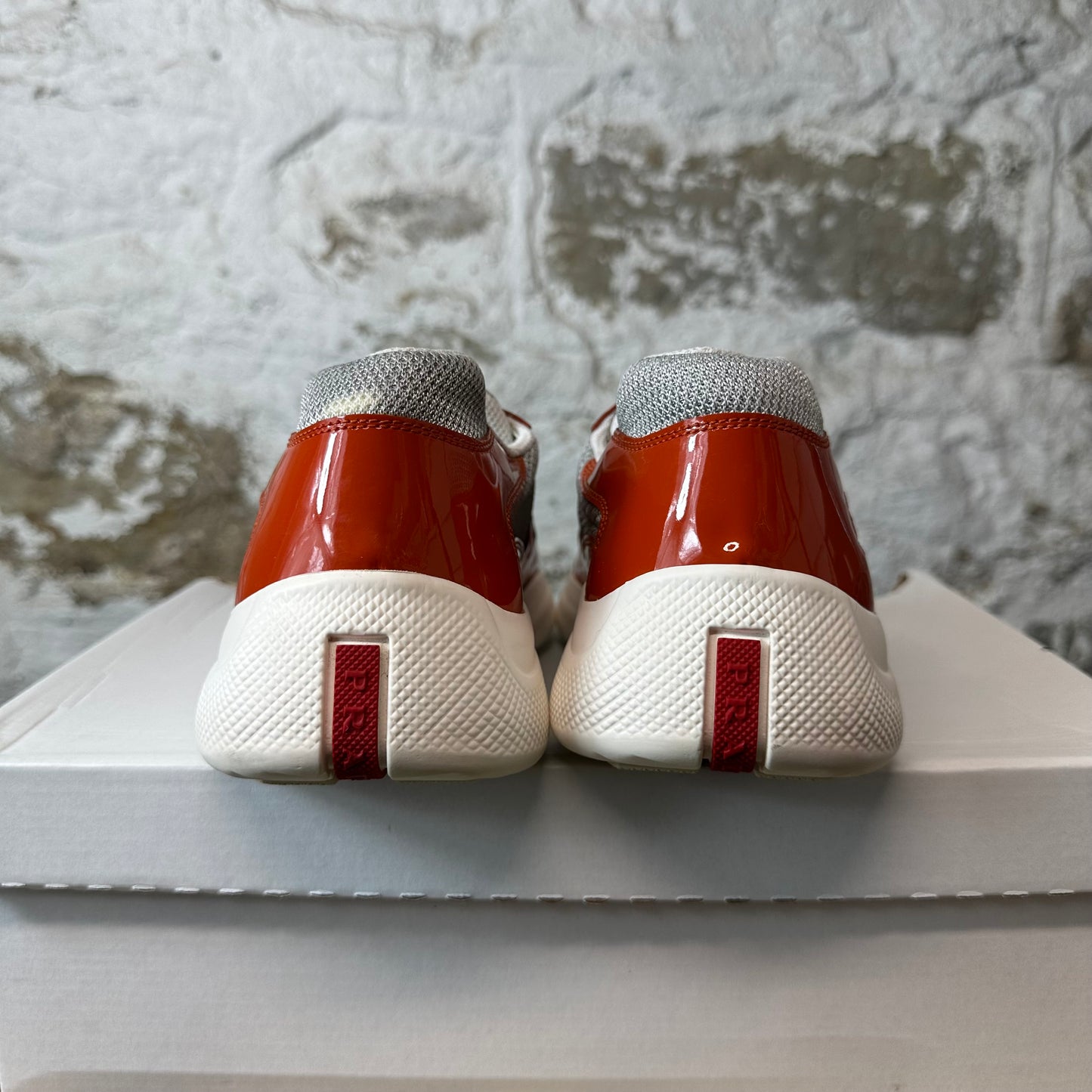 Prada Americas Cup Orange Patent Grey Sneaker Sz 8.5