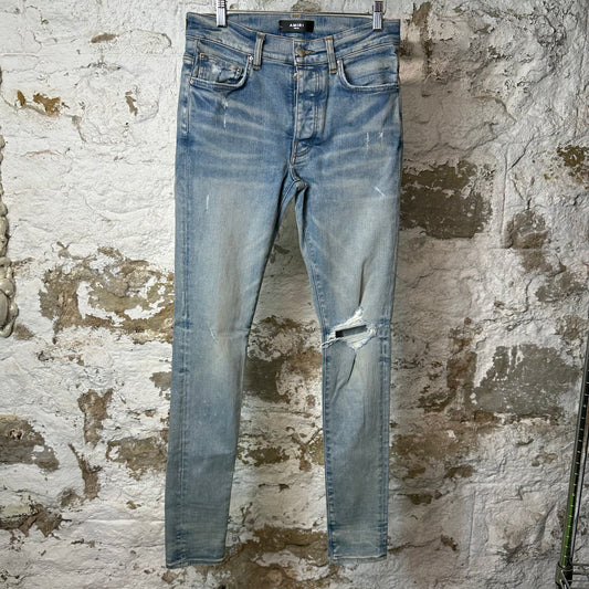 Amiri Knee Hole Plain Blue Denim Jeans Sz 30