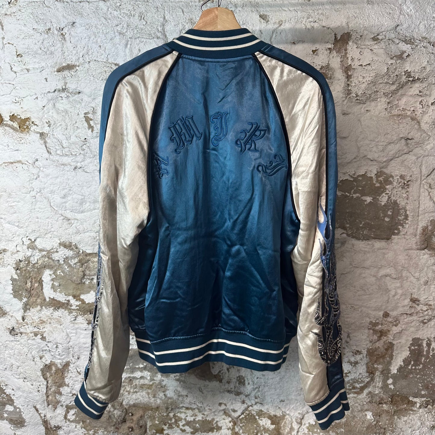 Amiri Bandana Flames Satin Varsity Jacket Blue Sz L
