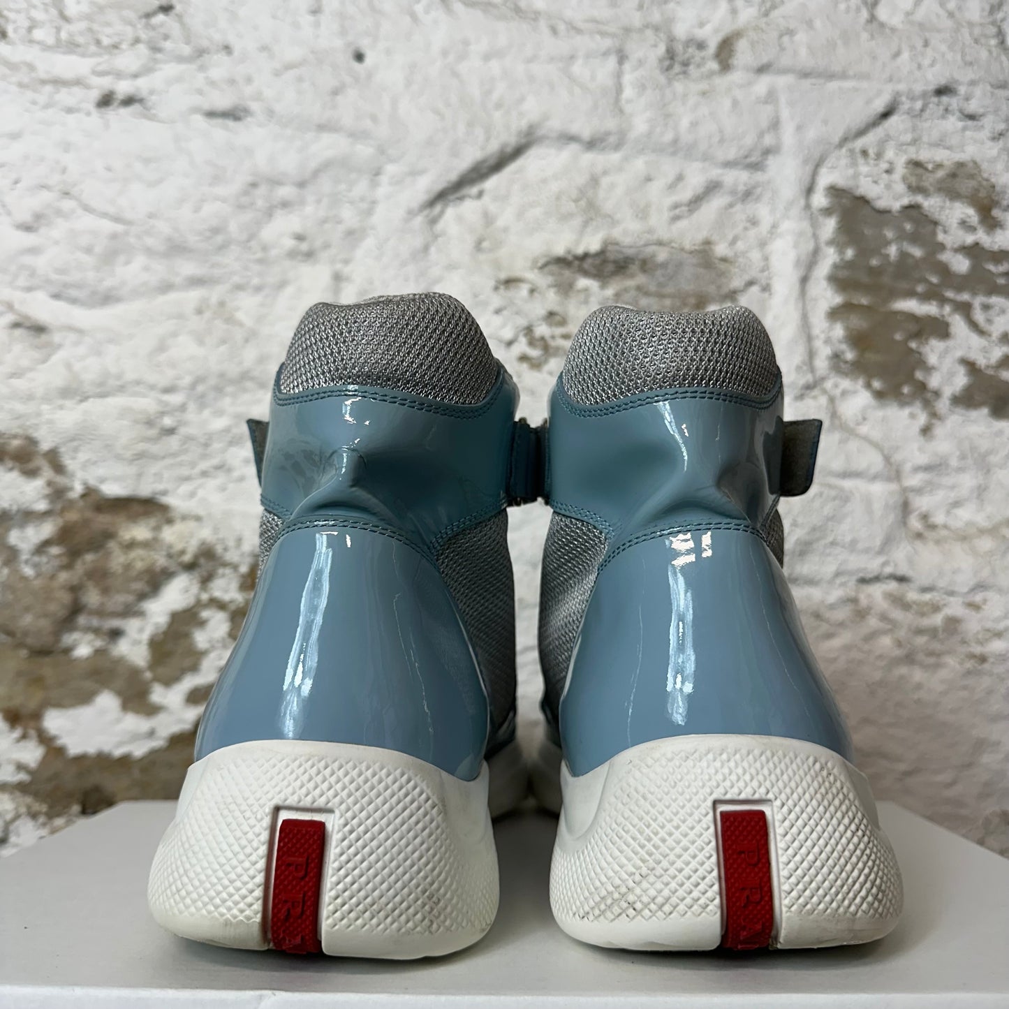 Prada Americas Cup High Baby Blue Patent White Sneaker Sz 9.5 No Box