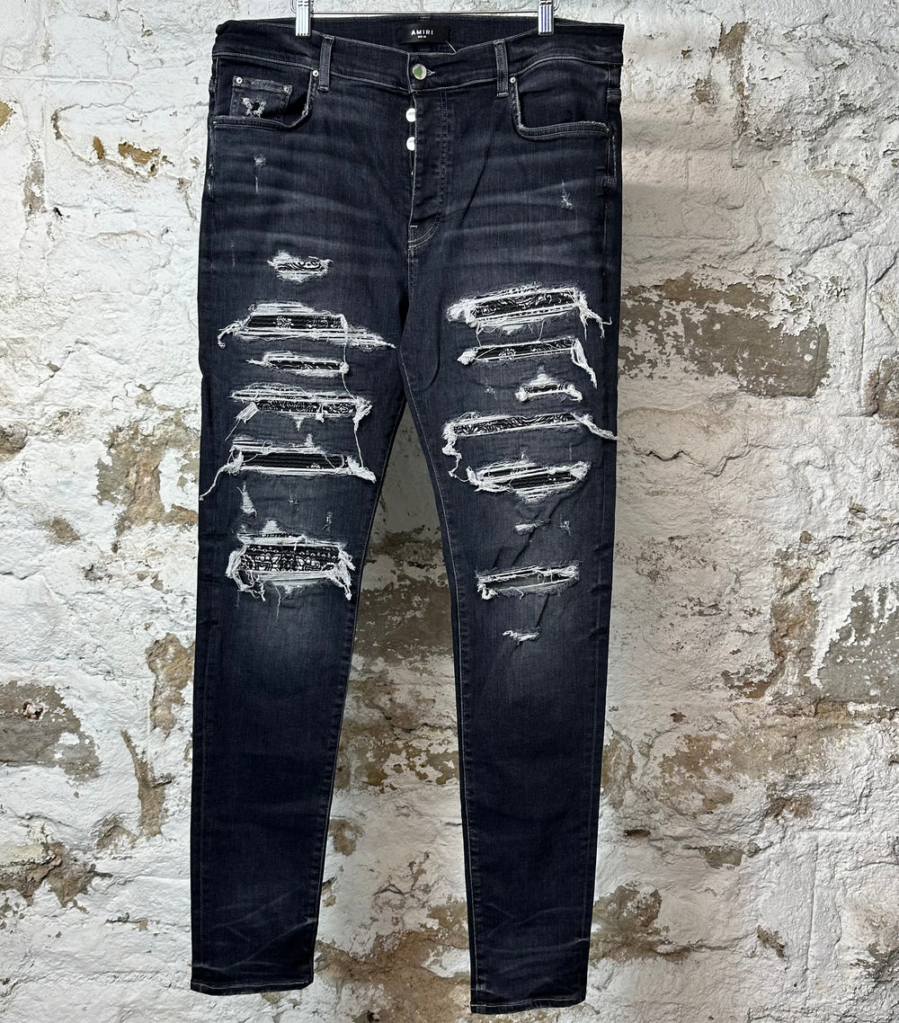 Amiri MX1 Black Paisley Grey Denim Jeans Sz 38